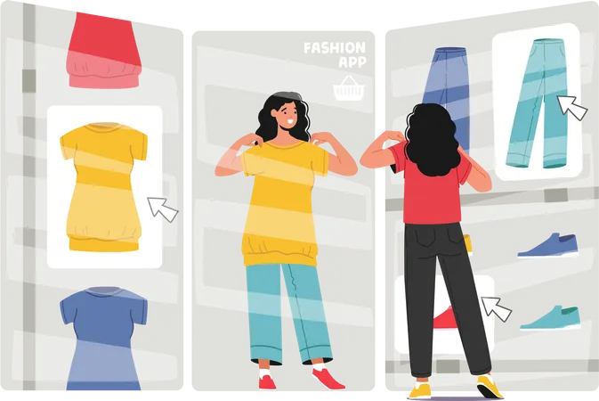 Essayer de nouveaux vêtements en ligne à l'aide d'une application de mode moderne  Illustration