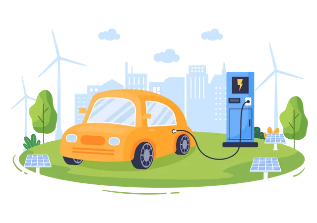 Carregamento De Baterias De Carros Eletricos Com O Conceito De Carregador E Plugues De Cabo Que Utilizam Ambiente Verde Ecologia Sustentabilidade Ou Ar Limpo Ilustracao Vetorial Ilustração