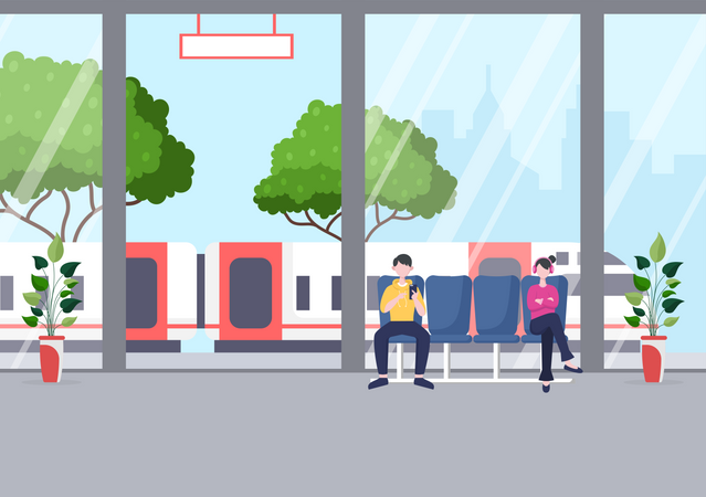 Estação de trem com pessoas  Ilustração
