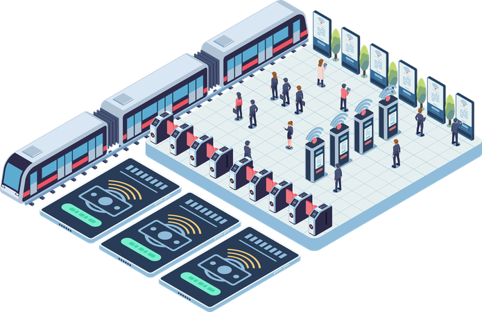 Estação de metrô com passageiros usando sistemas automatizados de cobrança de tarifas  Ilustração