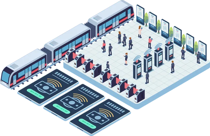 Estação de metrô com passageiros usando sistemas automatizados de cobrança de tarifas  Ilustração