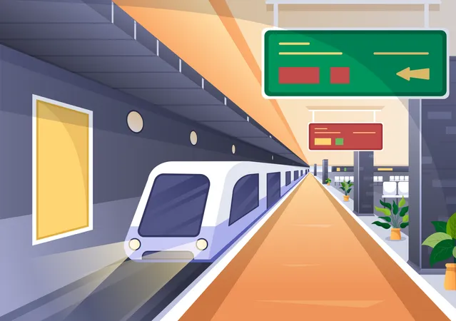 Estacao Ferroviaria Com Cenario De Transporte De Trem Plataforma Para Partida E Metro Interior Subterraneo Em Ilustracao De Poster De Fundo Plano Ilustração