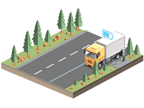 Estación de carga de automóviles EV carretera local en transporte futurista Configuración de camión de automóviles  Ilustración