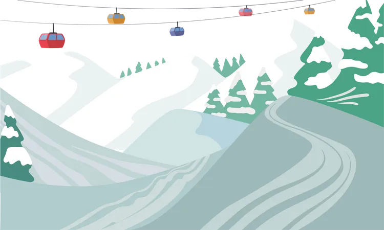 Estacion De Esqui De Montana Paisaje Invernal De Los Alpes Con Teleferico Picos Nevados Abetos Teleferico Funicular Fondo Natural Lugar Para Esqui Extremo O Deportes De Skate Ilustracion Vectorial De Dibujos Animados Ilustración