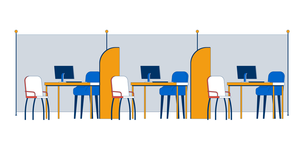 Estaciones de trabajo de oficina modernas vacías con separadores  Ilustración