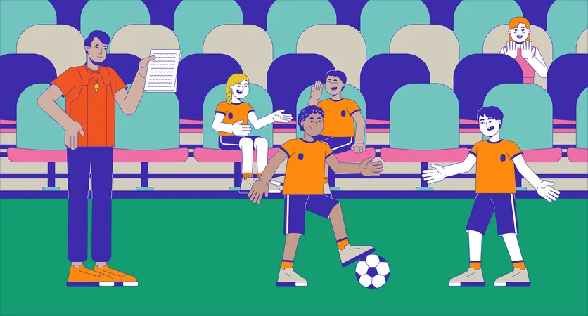 Estádio treinador de futebol crianças praticando  Ilustração