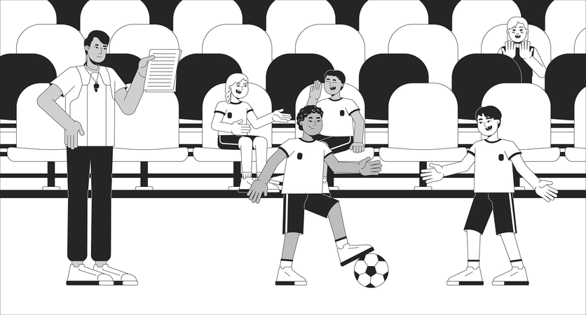 Estádio treinador de futebol crianças praticando  Ilustração