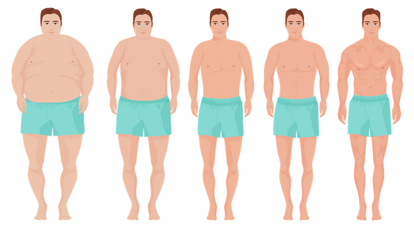 Estágios de perda de peso do homem obeso  Ilustração