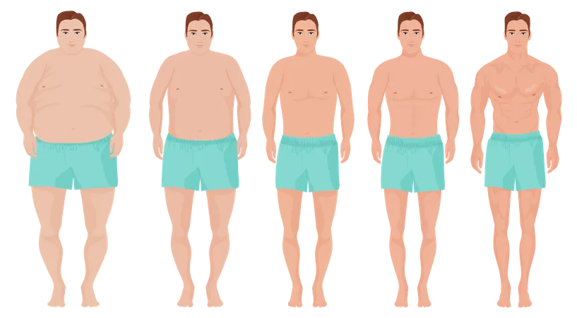 Estágios de perda de peso do homem obeso  Ilustração