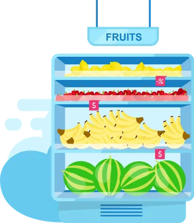 Estante con frutas en la tienda  Ilustración