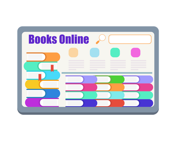 Estanterías con libros en la pantalla del ordenador como biblioteca electrónica  Ilustración