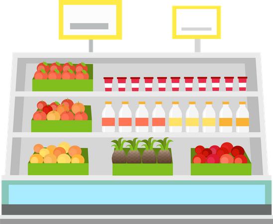 Estantes con productos en el supermercado.  Ilustración