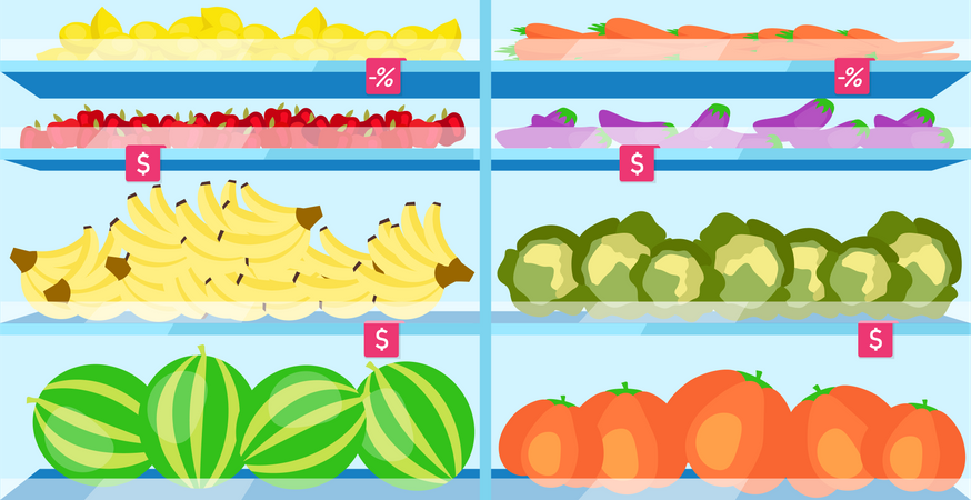 Estantes de supermercado con comida vegetariana  Ilustración