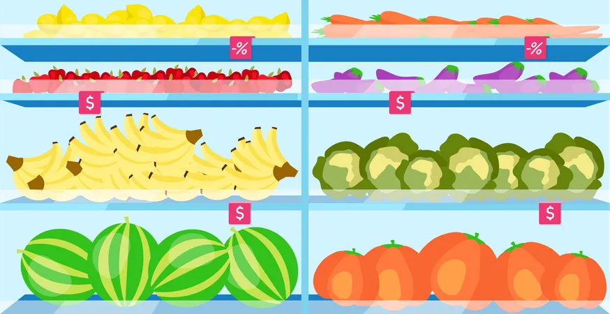 Estantes De Supermercado Con Ilustracion De Vector Plano De Frutas Mercado De Agricultores Tienda Interior Con Frutas Y Verduras Dieta Saludable Comida De Temporada Comida Vegetariana En El Supermercado Ilustración