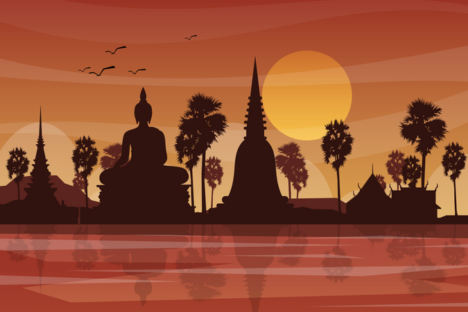Estatua de buda y templo pagoda en tailandia  Ilustración