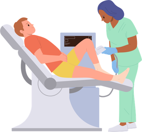 Esthéticienne effectuant une photoépilation ou une épilation laser des jambes pour homme à l'aide d'un équipement professionnel  Illustration