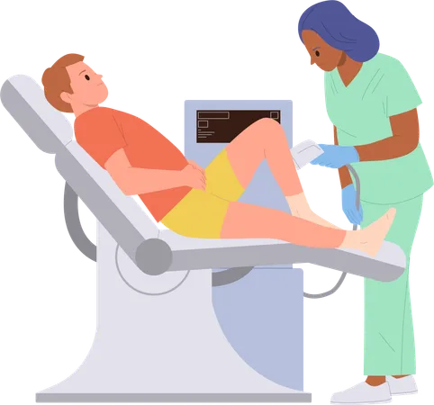 Esthéticienne effectuant une photoépilation ou une épilation laser des jambes pour homme à l'aide d'un équipement professionnel  Illustration