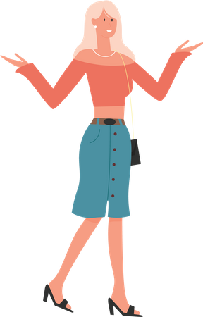 Garota estilista pendurando bolsa no ombro  Ilustração