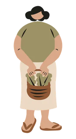 Mujer sosteniendo una canasta con verduras  Ilustración