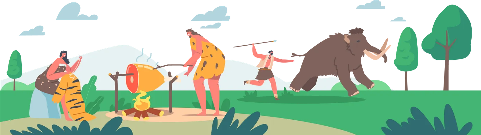 Pessoas Da Era Pre Historica Usam Pele De Animal Usam Ferramentas Primitivas Para Cacar Mamutes Cozinhar No Fogo Curry De Mulher Ou Costurar Pele De Tigre Estilo De Vida De Personagens Neandertais No Acampamento Ilustra O Vetorial De Desenho Animado Ilustração