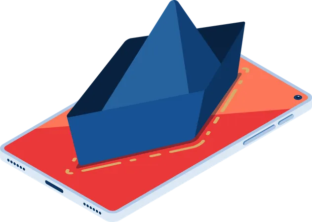 Barco De Papel Isometrico Plano 3 D En Pantalla Roja De Telefono Inteligente Concepto De Competencia Y Estrategia De Marketing Del Oceano Rojo Ilustración