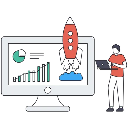 Hombre haciendo estrategias para impulsar las ventas.  Ilustración