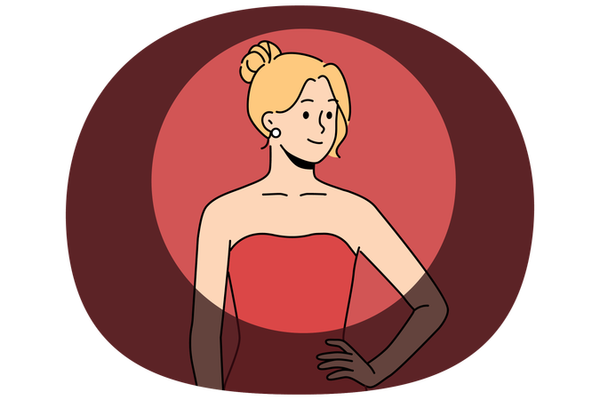 Una estrella de cine femenina destacada sonríe de pie con un vestido mientras asiste a una prestigiosa entrega de premios.  Ilustración
