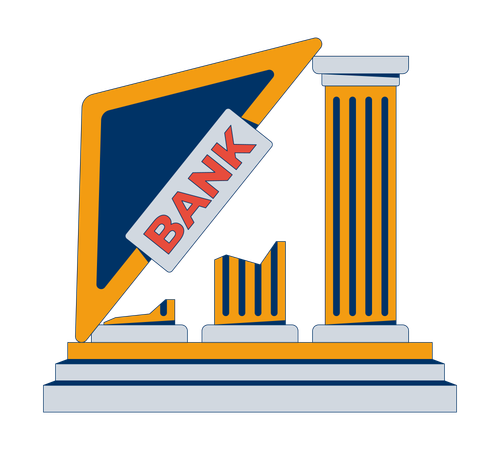 Estructura bancaria derrumbada con letrero inclinado  Ilustración
