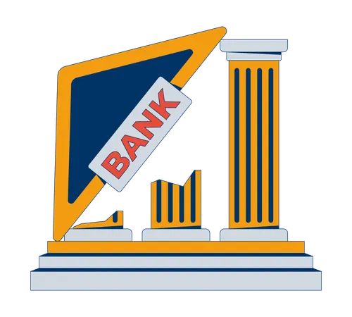 Estructura bancaria derrumbada con letrero inclinado  Ilustración