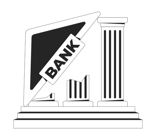 Estructura bancaria derrumbada con letrero inclinado  Ilustración