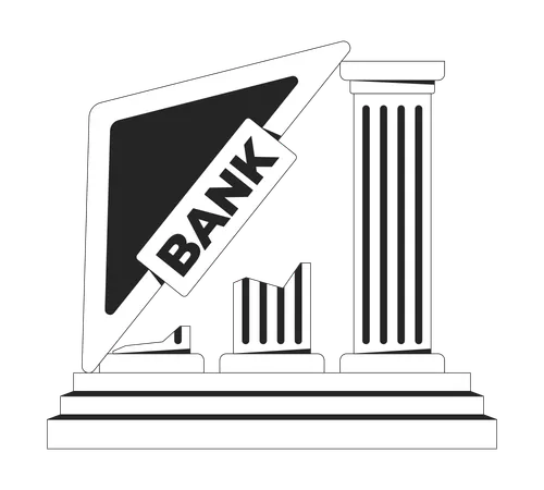 Estructura bancaria derrumbada con letrero inclinado  Ilustración