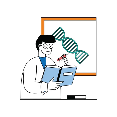 Profissional médico lendo a estrutura do DNA  Ilustração