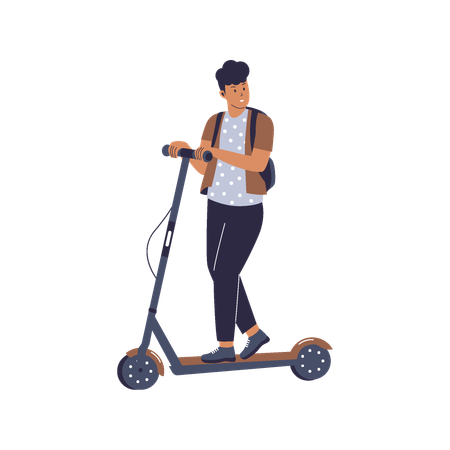 Estudante andando de scooter elétrica  Ilustração