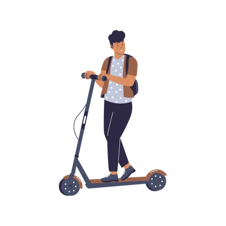 Estudante andando de scooter elétrica  Ilustração