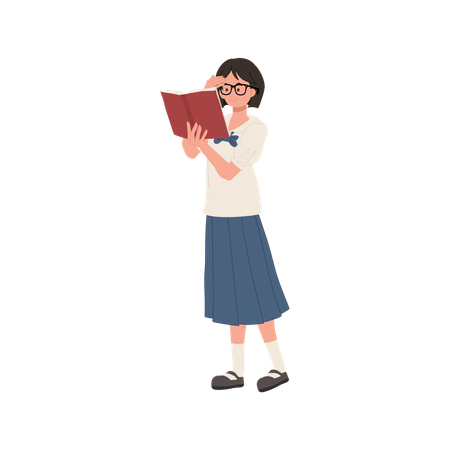 Estudante asiática uniformizada com óculos lendo  Ilustração