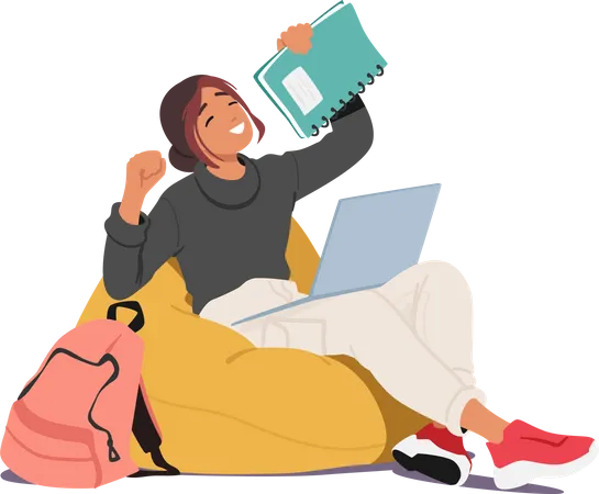 Estudante cansada sentada com seu laptop e livros  Ilustração