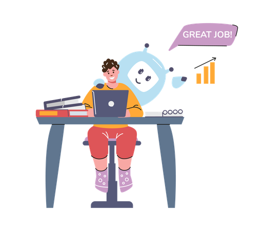 Estudante com laptop estudando com chatbot  Ilustração
