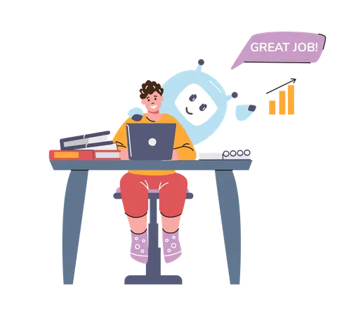 Estudante com laptop estudando com chatbot  Ilustração