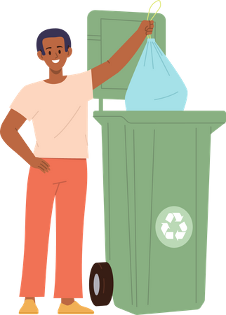 Criança em idade escolar jogando lixo orgânico na lata de lixo cuidando do meio ambiente  Ilustração