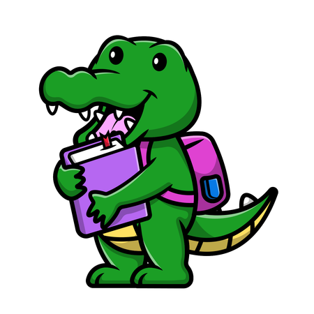 Estudante crocodilo segurando livro e usando mochila  Ilustração