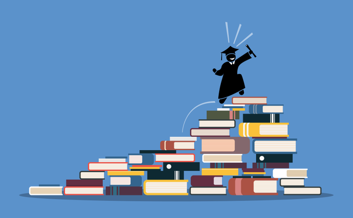Feliz estudante de graduação subindo até o topo das pilhas de livros  Ilustração