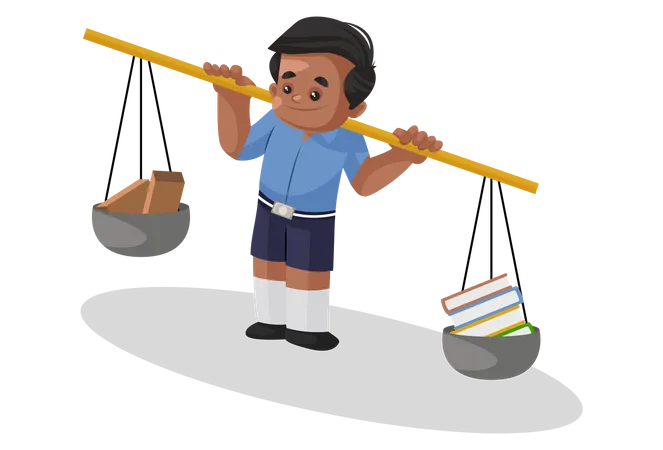 Estudante da escola equilibrando livros e tijolos no ombro  Ilustração