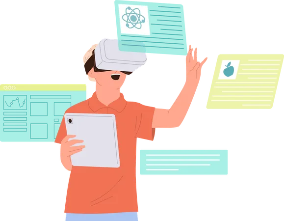 Estudante experiente com óculos de realidade virtual aproveitando o aprendizado de ciências  Ilustração