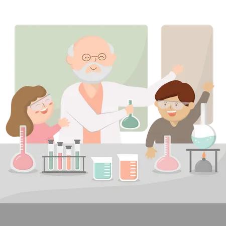 Aluno fazendo experimento no laboratório de ciências  Ilustração