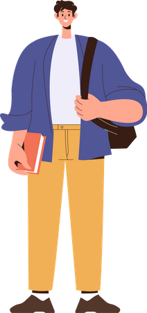 Estudante do sexo masculino feliz em pé com bolsa e livro na mão  Ilustração