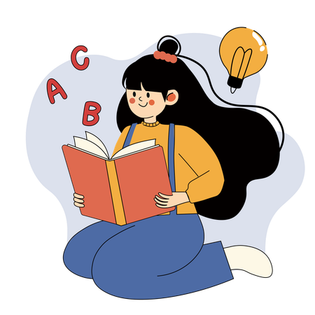 Aluno feliz lendo um livro com letras do alfabeto e lâmpada  Ilustração