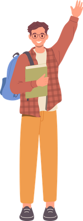 Estudante feliz em roupas casuais com livro e mochila  Ilustração