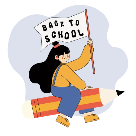 Aluno feliz montando um lápis gigante com uma bandeira de 'Volta às aulas'  Ilustração
