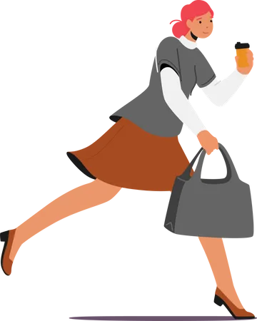 Estudante, trabalhador de escritório, empresária personagem pressa. Garota correndo com uma xícara de café descartável na mão, tarde no trabalho  Ilustração