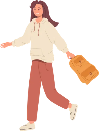 Aluna feliz em roupas casuais com mochila andando para estudar aula  Ilustração